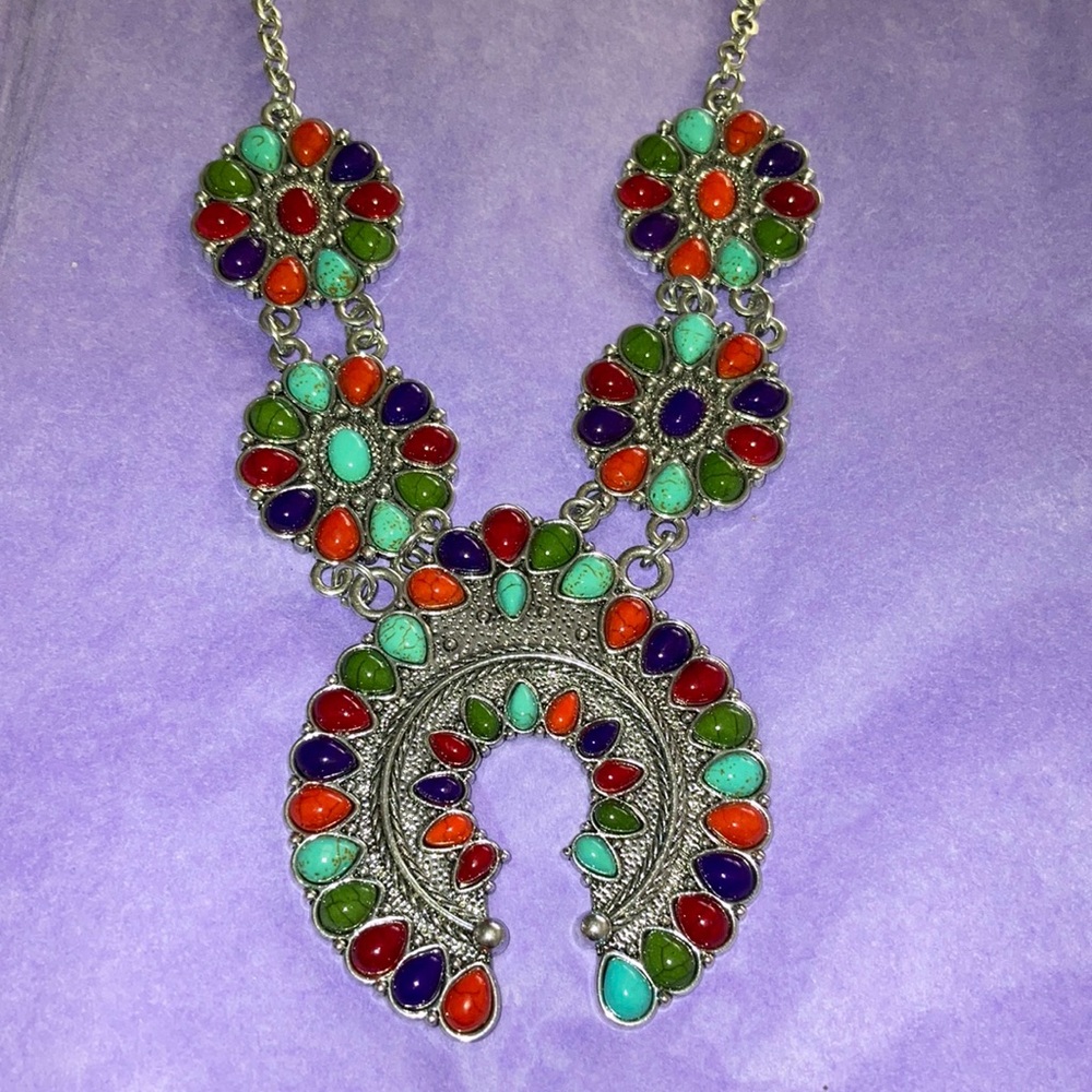 Necklace Bib Squash Blossom Colorful Cabochon Stones Tear Drop Silver Tone Metal